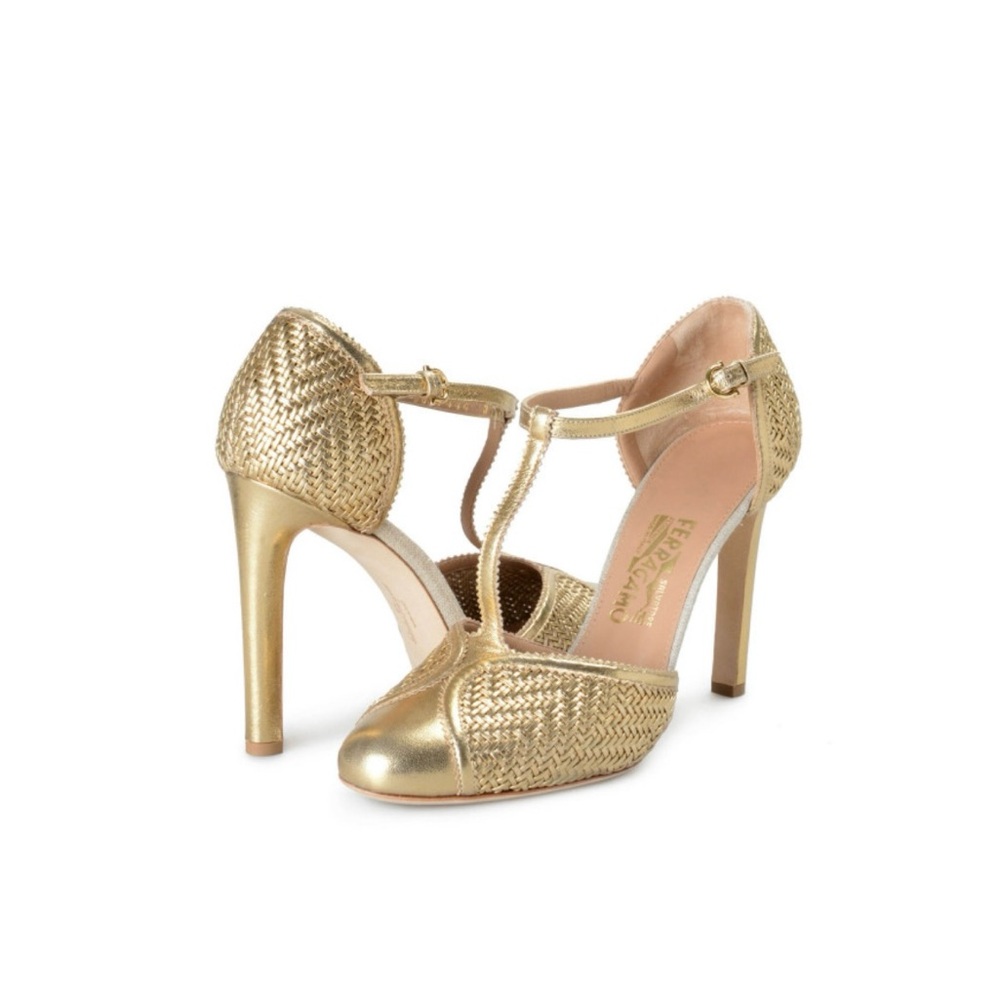 Salvatore Ferragamo Gold Leather Emanuela T-Strap Pumps. 
